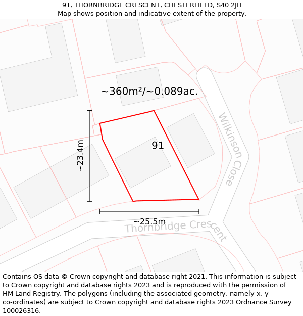 91, THORNBRIDGE CRESCENT, CHESTERFIELD, S40 2JH: Plot and title map