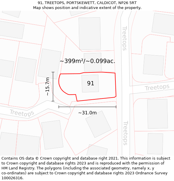 91, TREETOPS, PORTSKEWETT, CALDICOT, NP26 5RT: Plot and title map