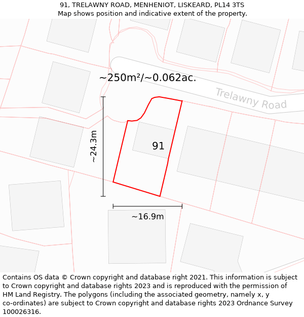 91, TRELAWNY ROAD, MENHENIOT, LISKEARD, PL14 3TS: Plot and title map