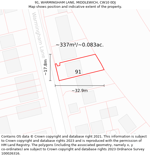 91, WARMINGHAM LANE, MIDDLEWICH, CW10 0DJ: Plot and title map