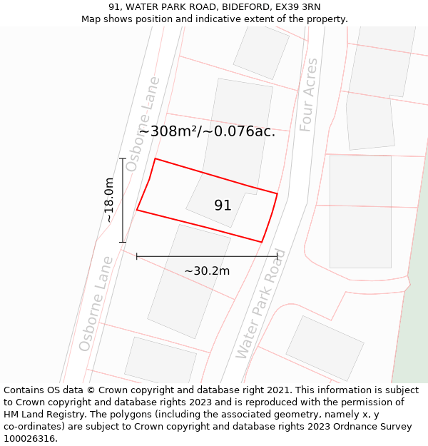 91, WATER PARK ROAD, BIDEFORD, EX39 3RN: Plot and title map