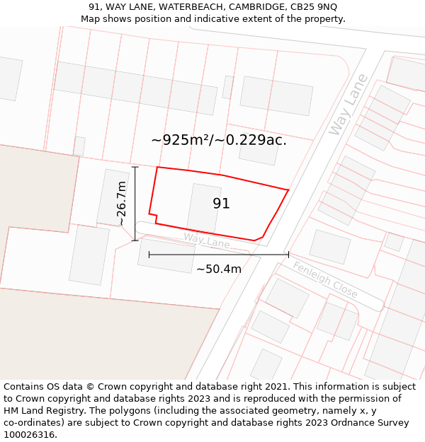 91, WAY LANE, WATERBEACH, CAMBRIDGE, CB25 9NQ: Plot and title map