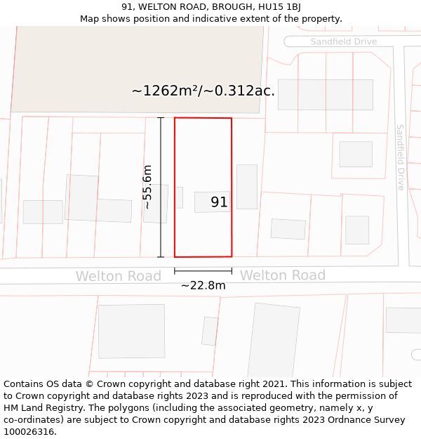 91, WELTON ROAD, BROUGH, HU15 1BJ: Plot and title map