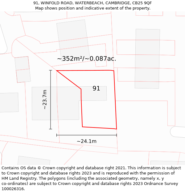 91, WINFOLD ROAD, WATERBEACH, CAMBRIDGE, CB25 9QF: Plot and title map