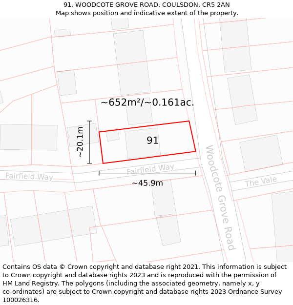 91, WOODCOTE GROVE ROAD, COULSDON, CR5 2AN: Plot and title map