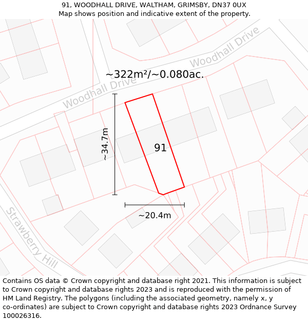 91, WOODHALL DRIVE, WALTHAM, GRIMSBY, DN37 0UX: Plot and title map