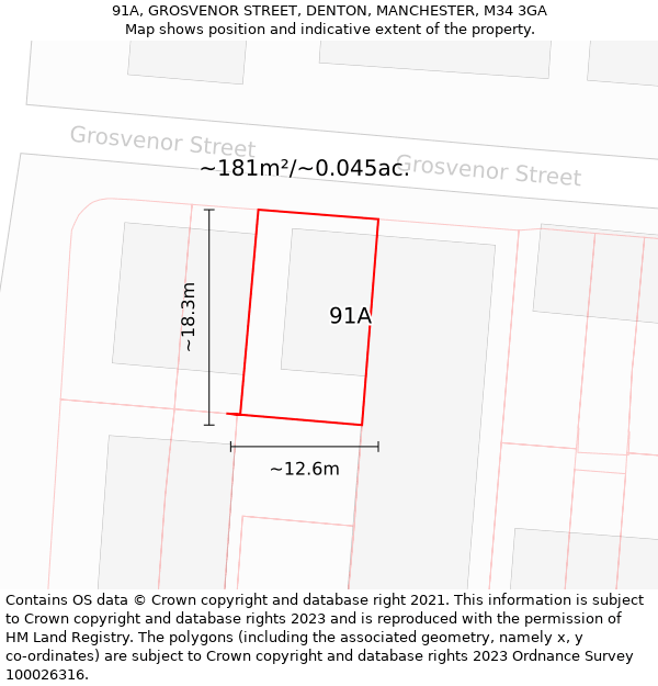 91A, GROSVENOR STREET, DENTON, MANCHESTER, M34 3GA: Plot and title map