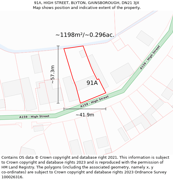 91A, HIGH STREET, BLYTON, GAINSBOROUGH, DN21 3JX: Plot and title map