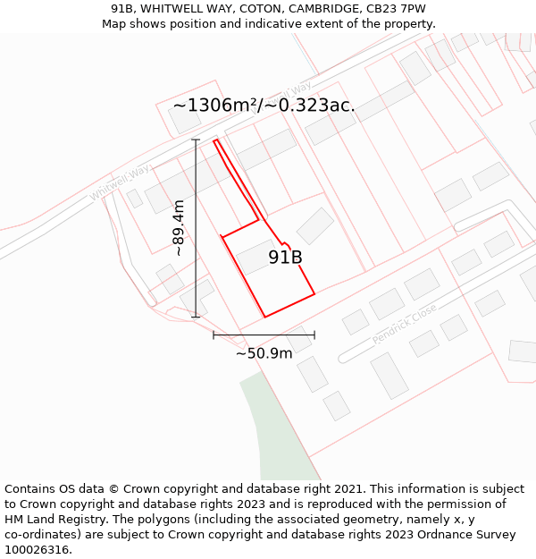 91B, WHITWELL WAY, COTON, CAMBRIDGE, CB23 7PW: Plot and title map