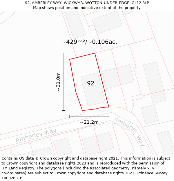 92, AMBERLEY WAY, WICKWAR, WOTTON-UNDER-EDGE, GL12 8LP: Plot and title map