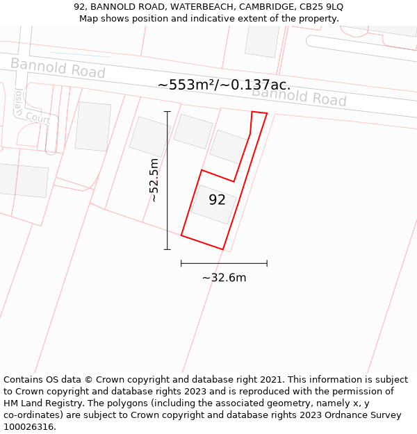 92, BANNOLD ROAD, WATERBEACH, CAMBRIDGE, CB25 9LQ: Plot and title map