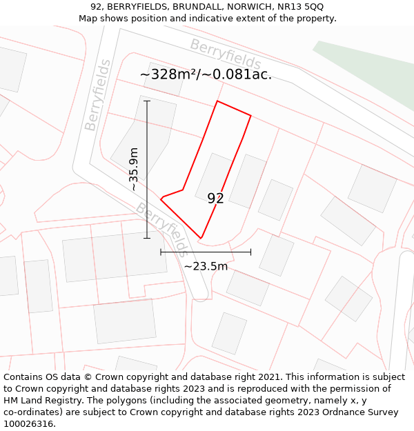 92, BERRYFIELDS, BRUNDALL, NORWICH, NR13 5QQ: Plot and title map