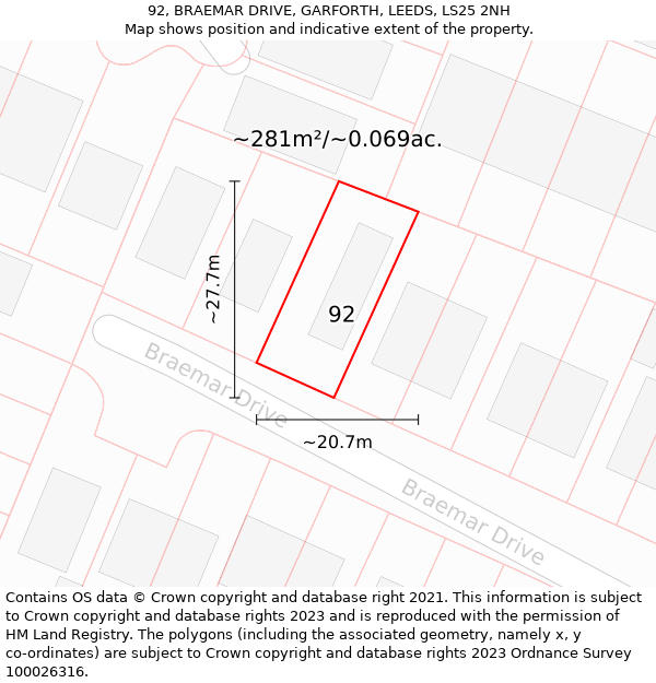 92, BRAEMAR DRIVE, GARFORTH, LEEDS, LS25 2NH: Plot and title map