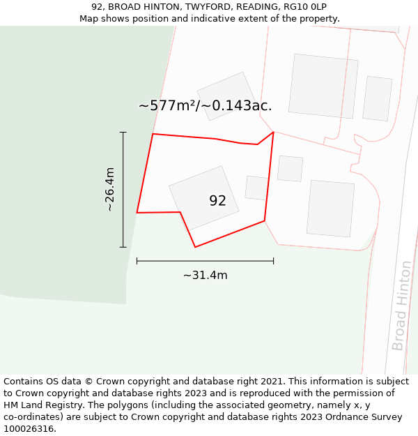 92, BROAD HINTON, TWYFORD, READING, RG10 0LP: Plot and title map