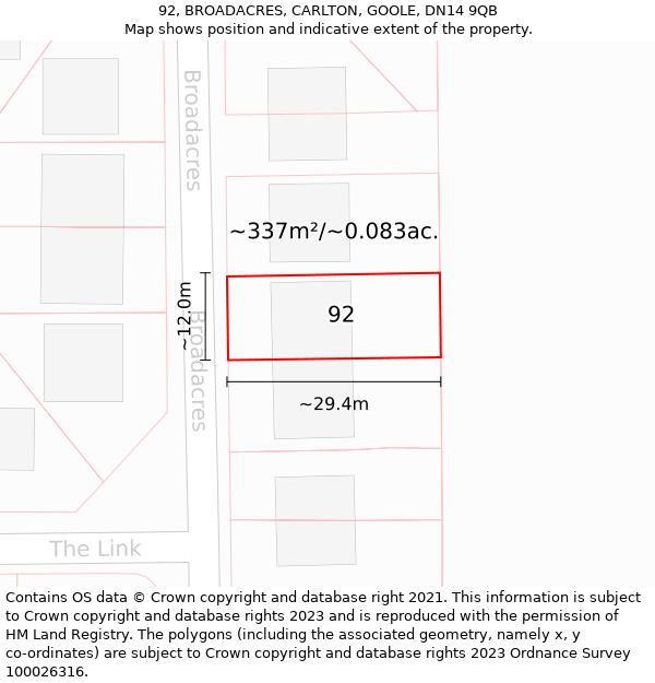 92, BROADACRES, CARLTON, GOOLE, DN14 9QB: Plot and title map