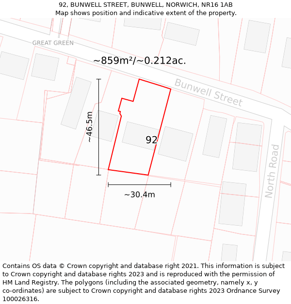 92, BUNWELL STREET, BUNWELL, NORWICH, NR16 1AB: Plot and title map