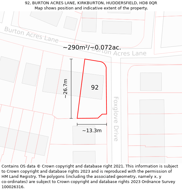 92, BURTON ACRES LANE, KIRKBURTON, HUDDERSFIELD, HD8 0QR: Plot and title map