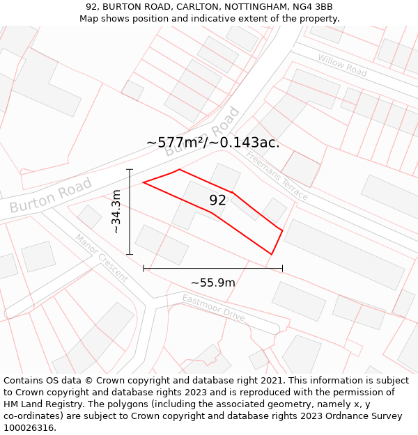 92, BURTON ROAD, CARLTON, NOTTINGHAM, NG4 3BB: Plot and title map