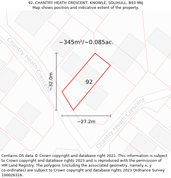 92, CHANTRY HEATH CRESCENT, KNOWLE, SOLIHULL, B93 9NJ: Plot and title map