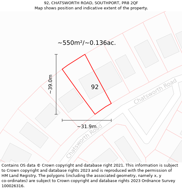 92, CHATSWORTH ROAD, SOUTHPORT, PR8 2QF: Plot and title map