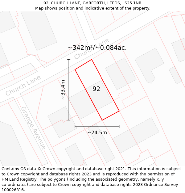 92, CHURCH LANE, GARFORTH, LEEDS, LS25 1NR: Plot and title map