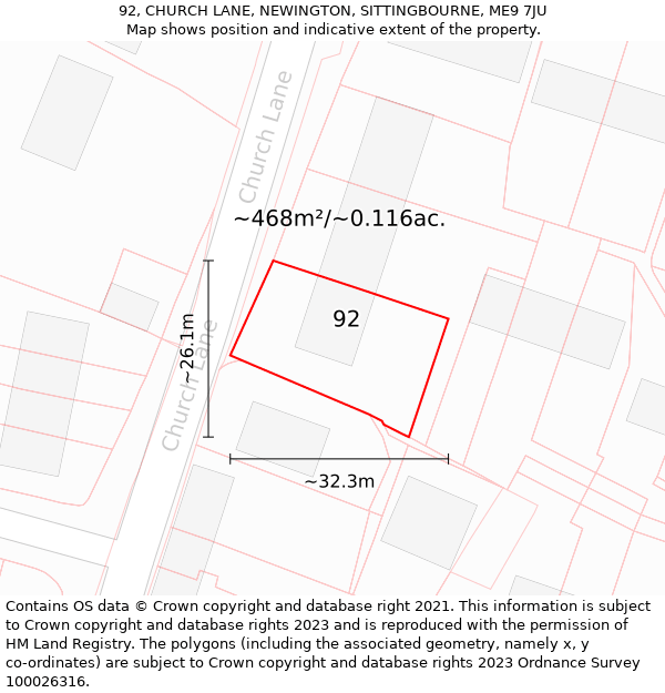 92, CHURCH LANE, NEWINGTON, SITTINGBOURNE, ME9 7JU: Plot and title map