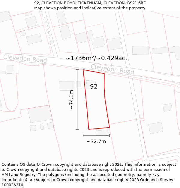 92, CLEVEDON ROAD, TICKENHAM, CLEVEDON, BS21 6RE: Plot and title map