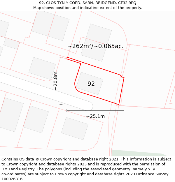 92, CLOS TYN Y COED, SARN, BRIDGEND, CF32 9PQ: Plot and title map