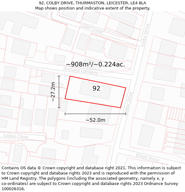 92, COLBY DRIVE, THURMASTON, LEICESTER, LE4 8LA: Plot and title map