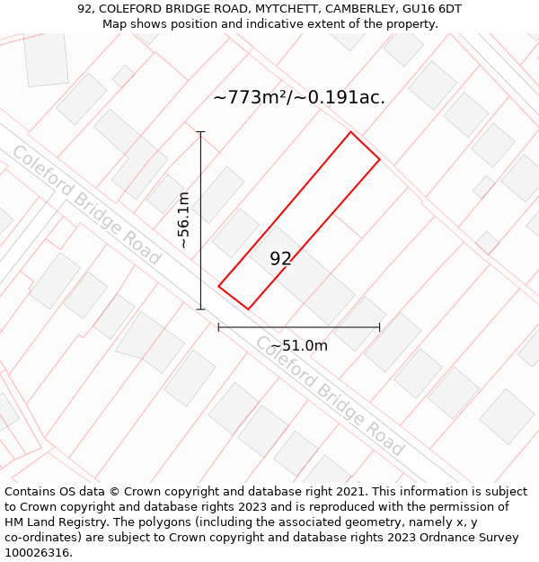 92, COLEFORD BRIDGE ROAD, MYTCHETT, CAMBERLEY, GU16 6DT: Plot and title map