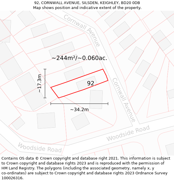 92, CORNWALL AVENUE, SILSDEN, KEIGHLEY, BD20 0DB: Plot and title map