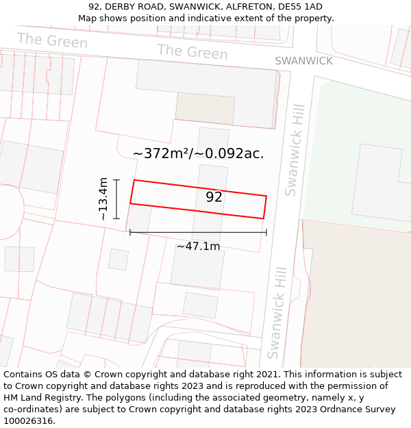 92, DERBY ROAD, SWANWICK, ALFRETON, DE55 1AD: Plot and title map