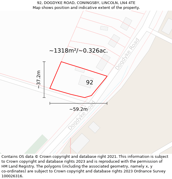 92, DOGDYKE ROAD, CONINGSBY, LINCOLN, LN4 4TE: Plot and title map
