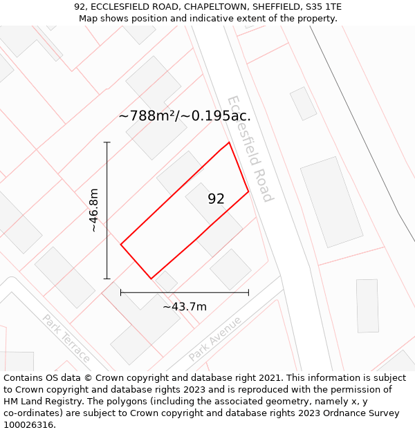 92, ECCLESFIELD ROAD, CHAPELTOWN, SHEFFIELD, S35 1TE: Plot and title map