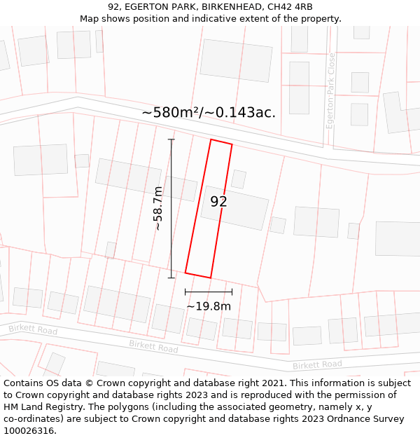 92, EGERTON PARK, BIRKENHEAD, CH42 4RB: Plot and title map