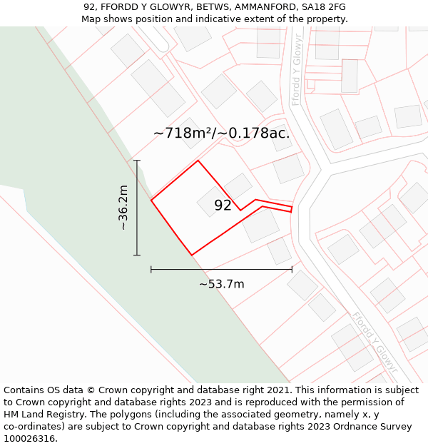 92, FFORDD Y GLOWYR, BETWS, AMMANFORD, SA18 2FG: Plot and title map