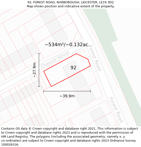 92, FOREST ROAD, NARBOROUGH, LEICESTER, LE19 3EQ: Plot and title map