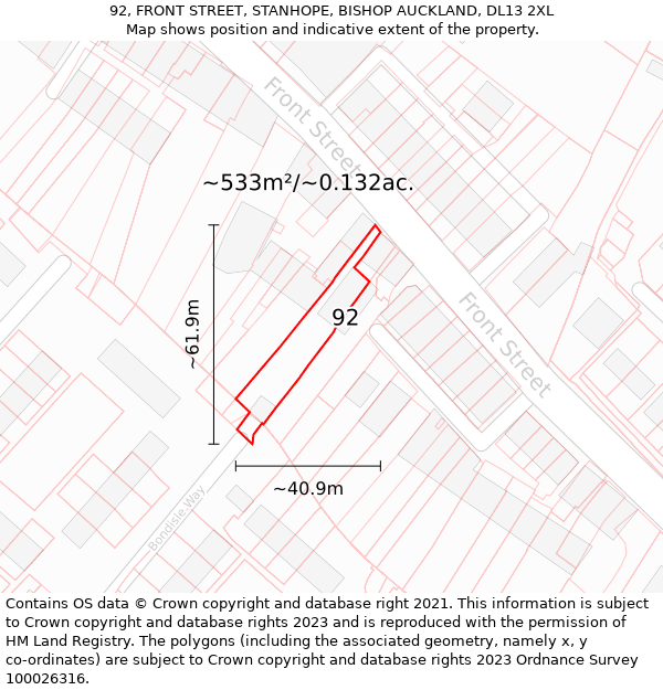 92, FRONT STREET, STANHOPE, BISHOP AUCKLAND, DL13 2XL: Plot and title map