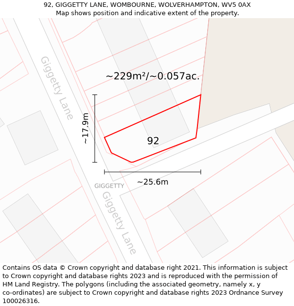 92, GIGGETTY LANE, WOMBOURNE, WOLVERHAMPTON, WV5 0AX: Plot and title map