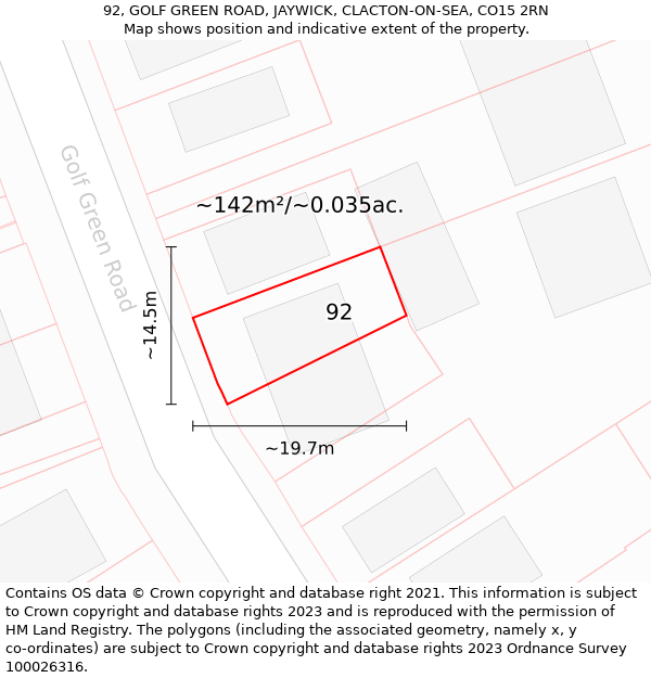 92, GOLF GREEN ROAD, JAYWICK, CLACTON-ON-SEA, CO15 2RN: Plot and title map