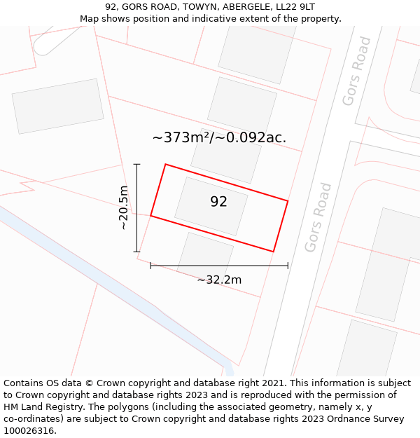 92, GORS ROAD, TOWYN, ABERGELE, LL22 9LT: Plot and title map