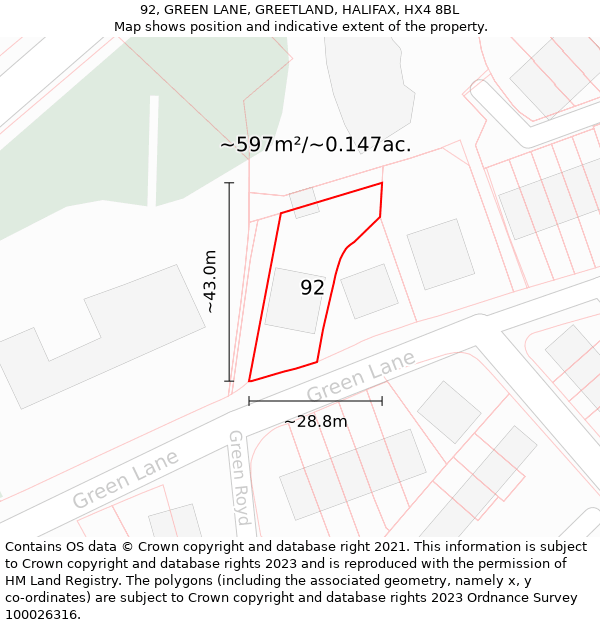 92, GREEN LANE, GREETLAND, HALIFAX, HX4 8BL: Plot and title map