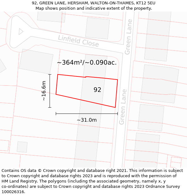 92, GREEN LANE, HERSHAM, WALTON-ON-THAMES, KT12 5EU: Plot and title map