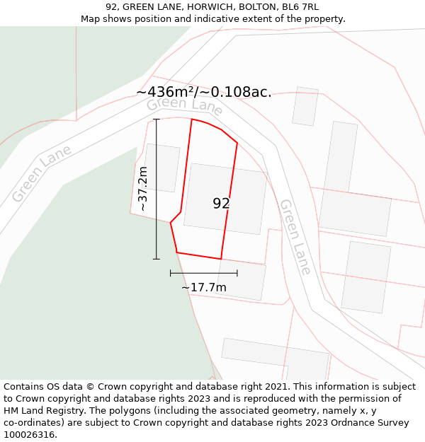 92, GREEN LANE, HORWICH, BOLTON, BL6 7RL: Plot and title map