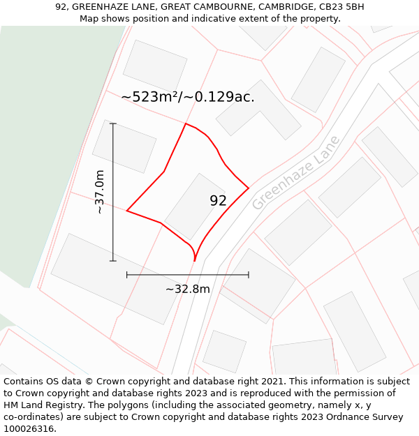 92, GREENHAZE LANE, GREAT CAMBOURNE, CAMBRIDGE, CB23 5BH: Plot and title map