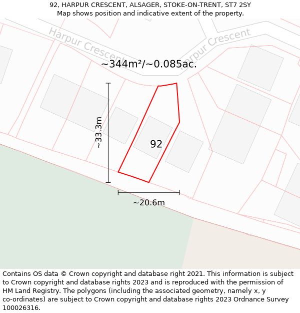 92, HARPUR CRESCENT, ALSAGER, STOKE-ON-TRENT, ST7 2SY: Plot and title map