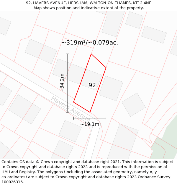 92, HAVERS AVENUE, HERSHAM, WALTON-ON-THAMES, KT12 4NE: Plot and title map