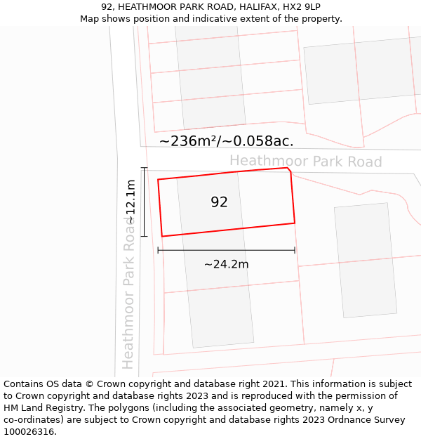 92, HEATHMOOR PARK ROAD, HALIFAX, HX2 9LP: Plot and title map