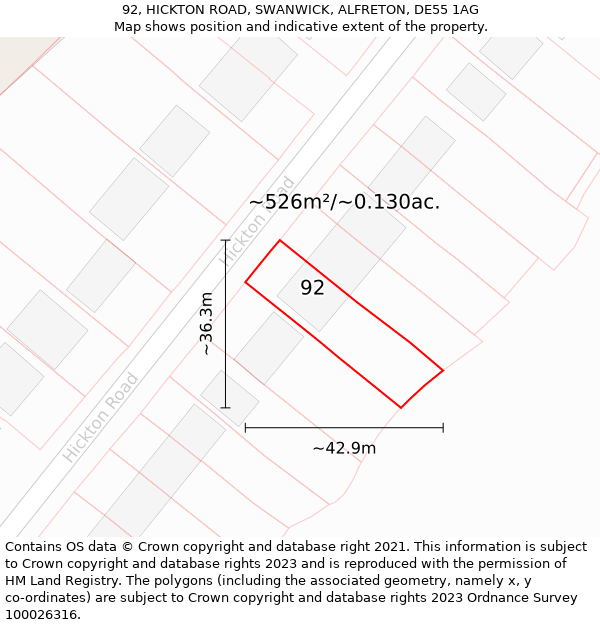 92, HICKTON ROAD, SWANWICK, ALFRETON, DE55 1AG: Plot and title map