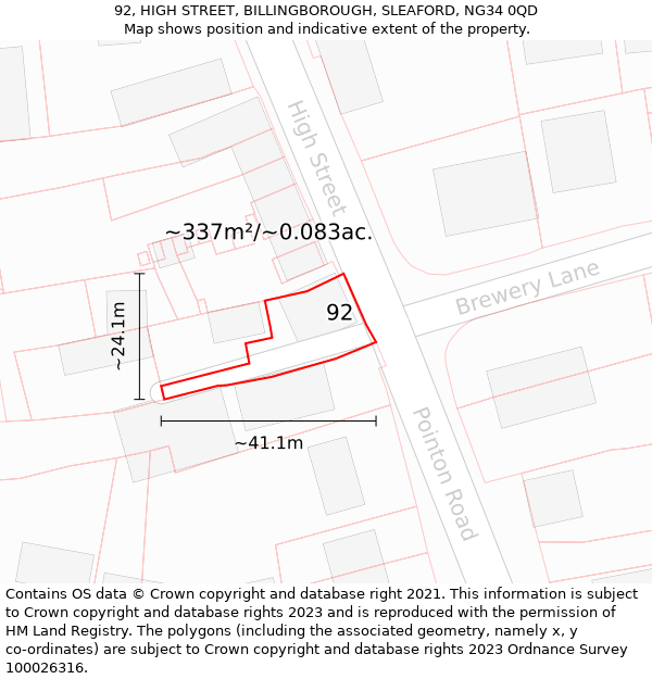 92, HIGH STREET, BILLINGBOROUGH, SLEAFORD, NG34 0QD: Plot and title map